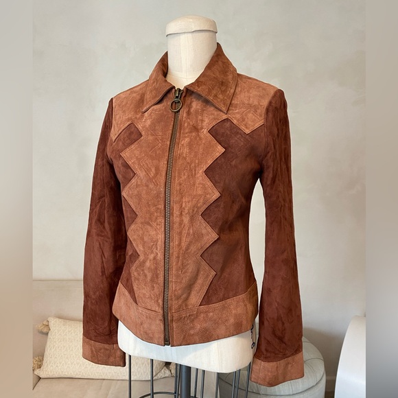 SUEDE PATCHWORK 70s STYLE ZIP UP LEATHER JACKET - Picture 2 of 14